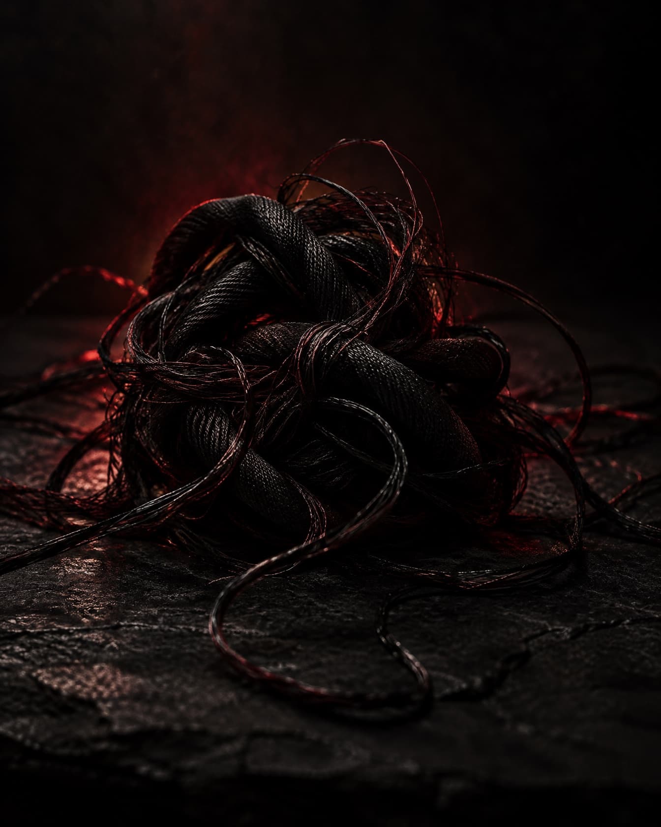 A tangled knot of dark cord lit by a red rim light