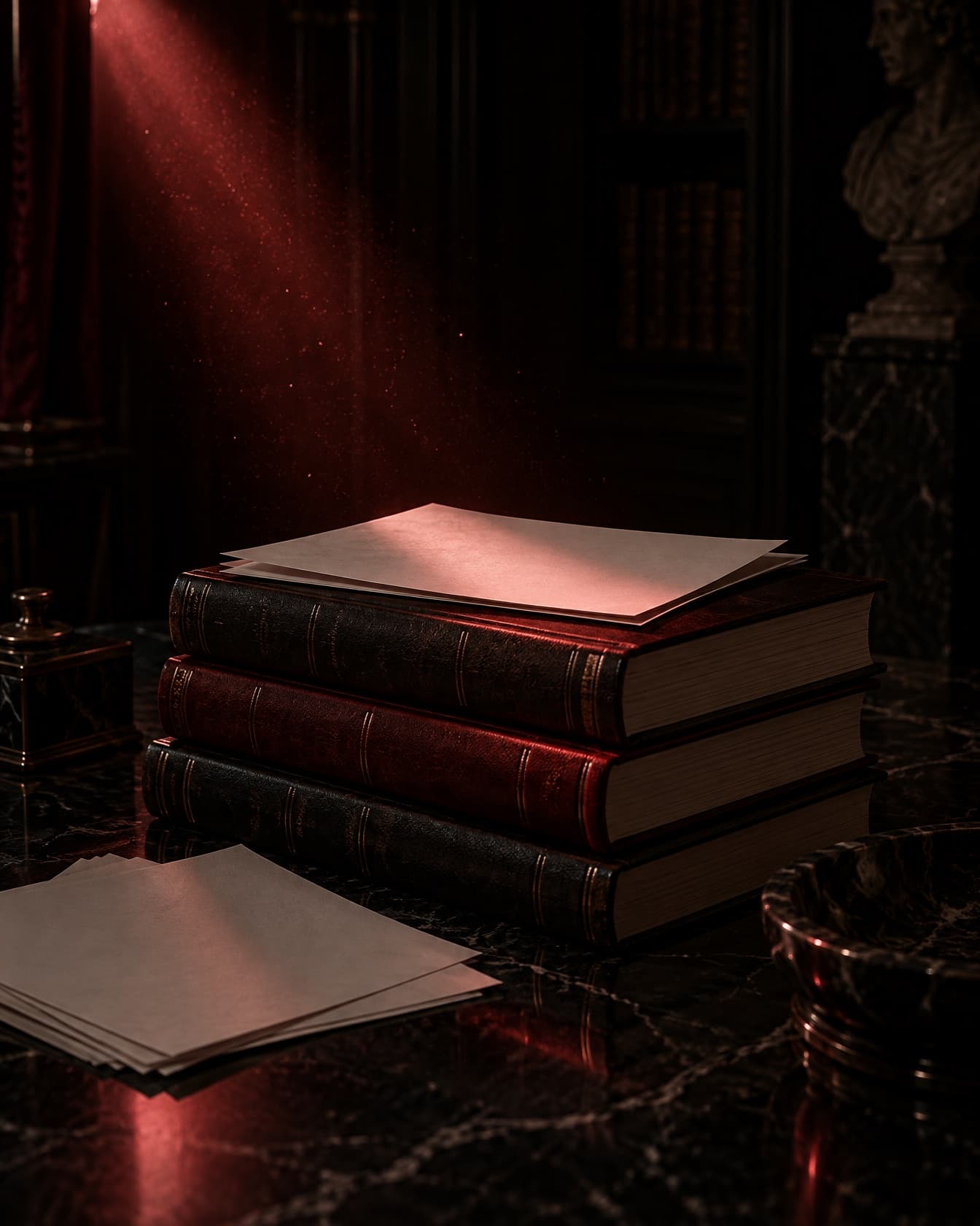 Bound reports on a marble table under a beam of red light